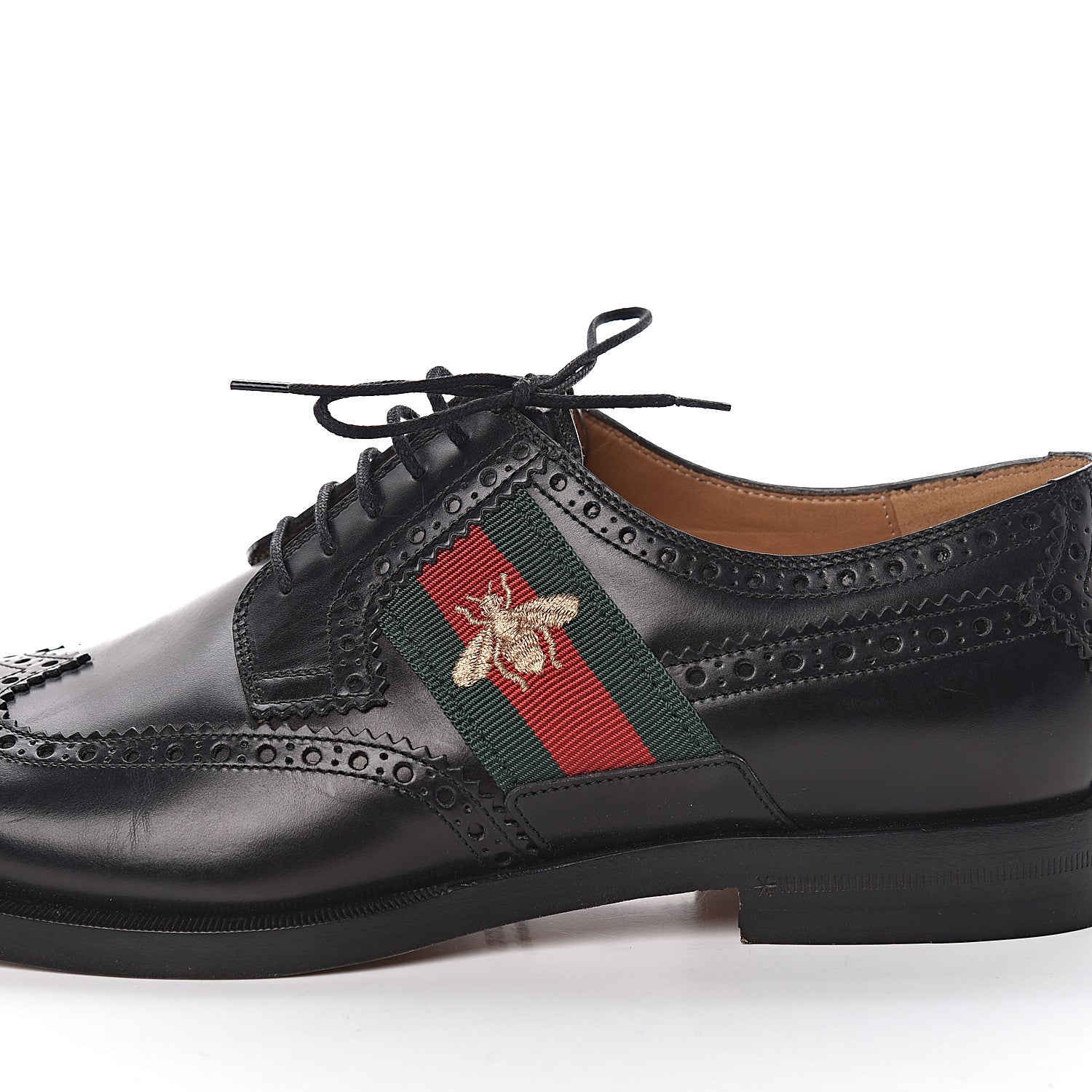 Gucci Calfskin Web Bee Embroidered Mens Wingtip Derby Loafers 8 Black 11 of 13