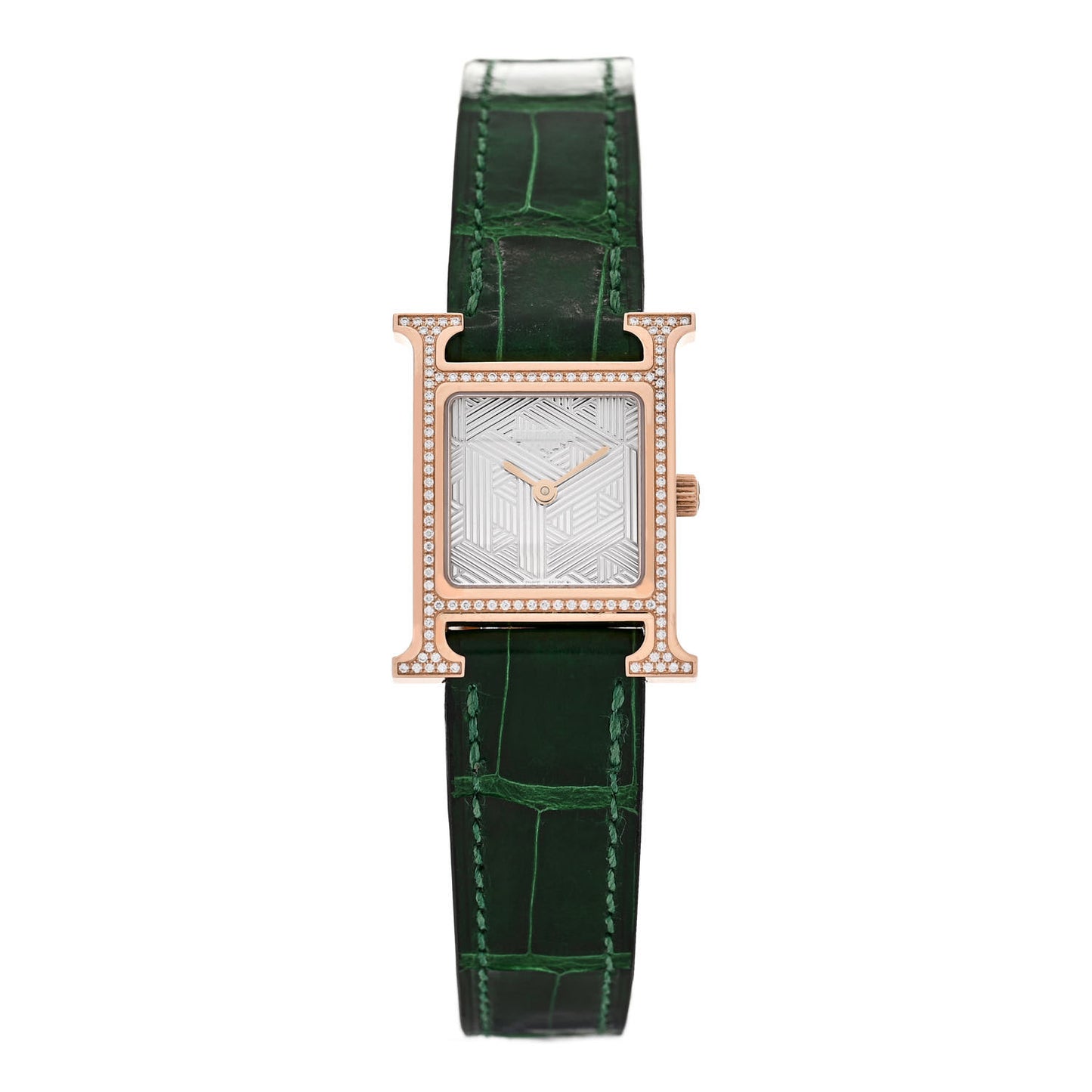 18K Rose Gold Alligator Diamond Bezel 21mm Heure H Hour Quartz Watch Vert Moyen