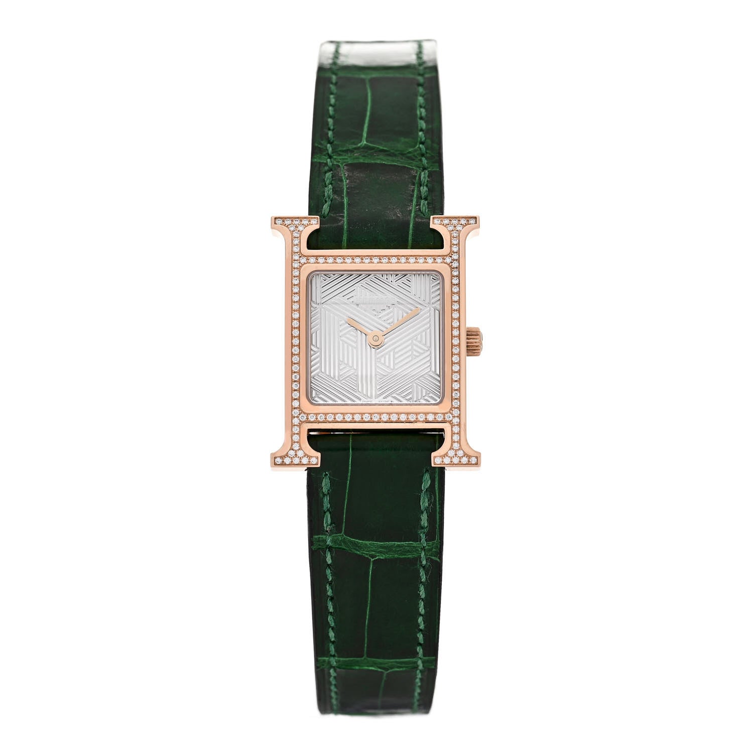 Hermes 18K Rose Gold Alligator Diamond Bezel 21mm Heure H Hour Quartz Watch Vert Moyen 1 of 5