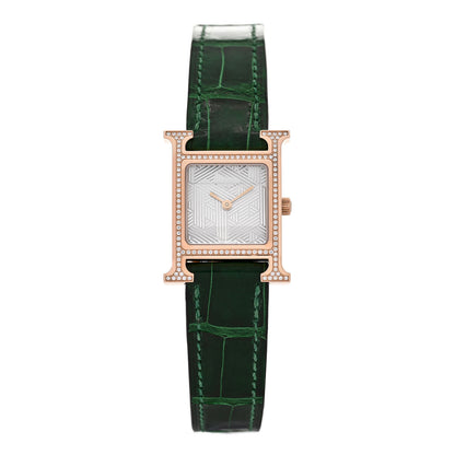 Hermes 18K Rose Gold Alligator Diamond Bezel 21mm Heure H Hour Quartz Watch Vert Moyen 1 of 5