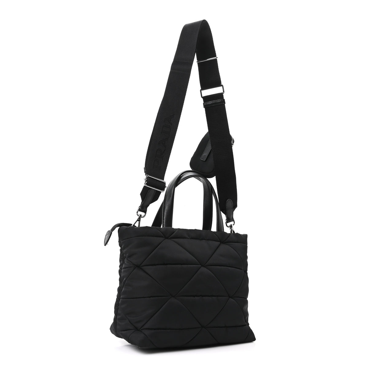 Re-Nylon Nappa Triangle Quilted Padded Double Handled Zip Pocket Tote Black