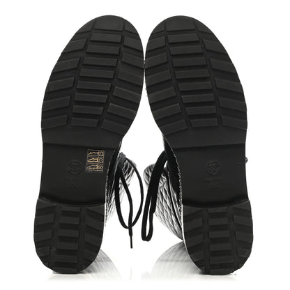 Chanel Crackled Calfskin Velvet Pearl Combat Boots 40 Black 5 of 7