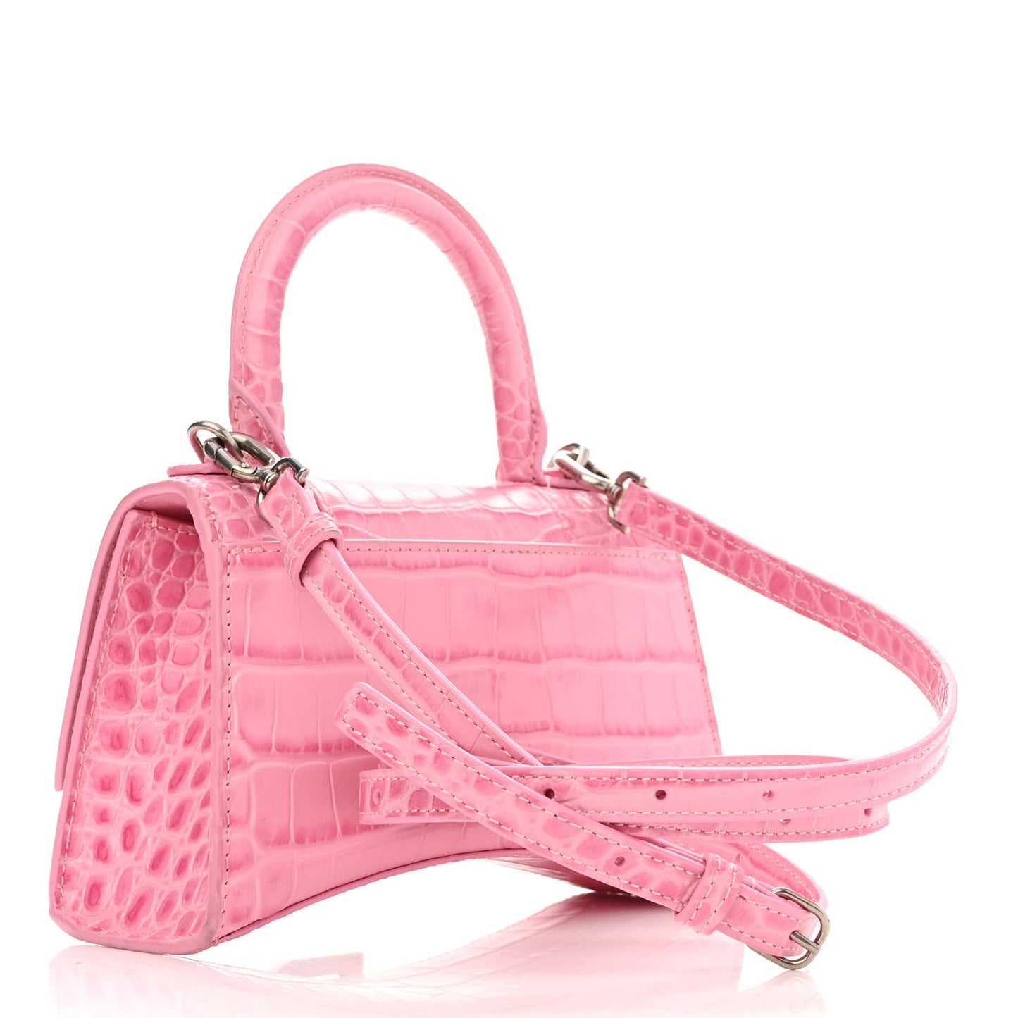 Shiny Calfskin Crocodile Embossed Hourglass Top Handle Bag XS Pink