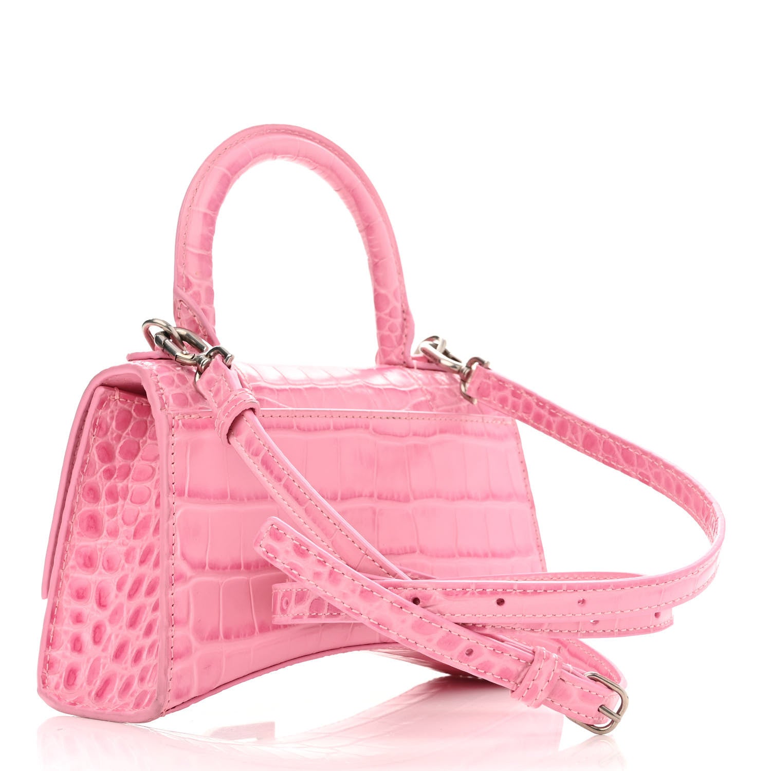 Balenciaga Shiny Calfskin Crocodile Embossed Hourglass Top Handle Bag XS Pink 3 of 14
