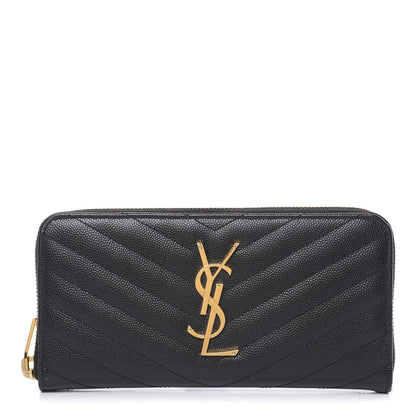 Saint Laurent Grain De Poudre Matelasse Chevron Monogram Zip Around Wallet Black 1 of 9