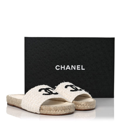 Chanel Tweed Grosgrain CC Espadrille Slip On Sandals 37 White Black 10 of 10