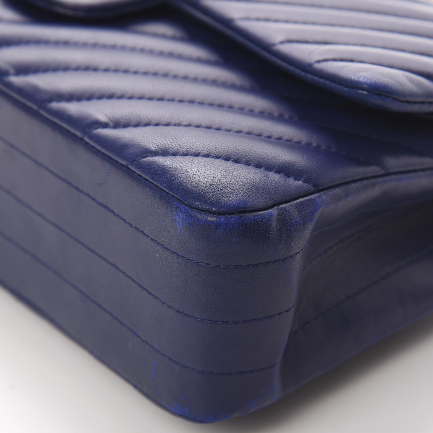 Lambskin Chevron Quilted Medium Double Flap Blue