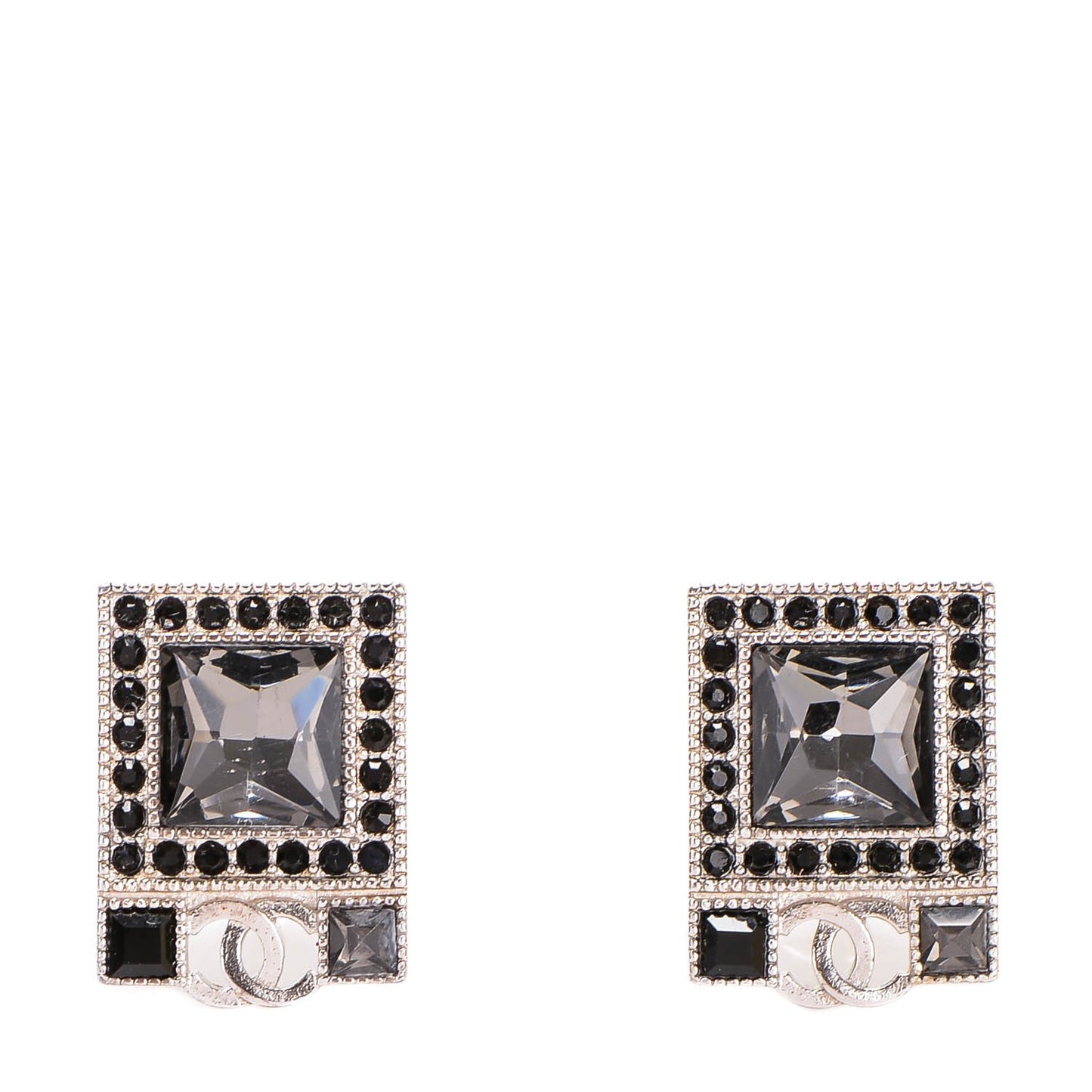 Crystal CC Square Earrings Black Silver