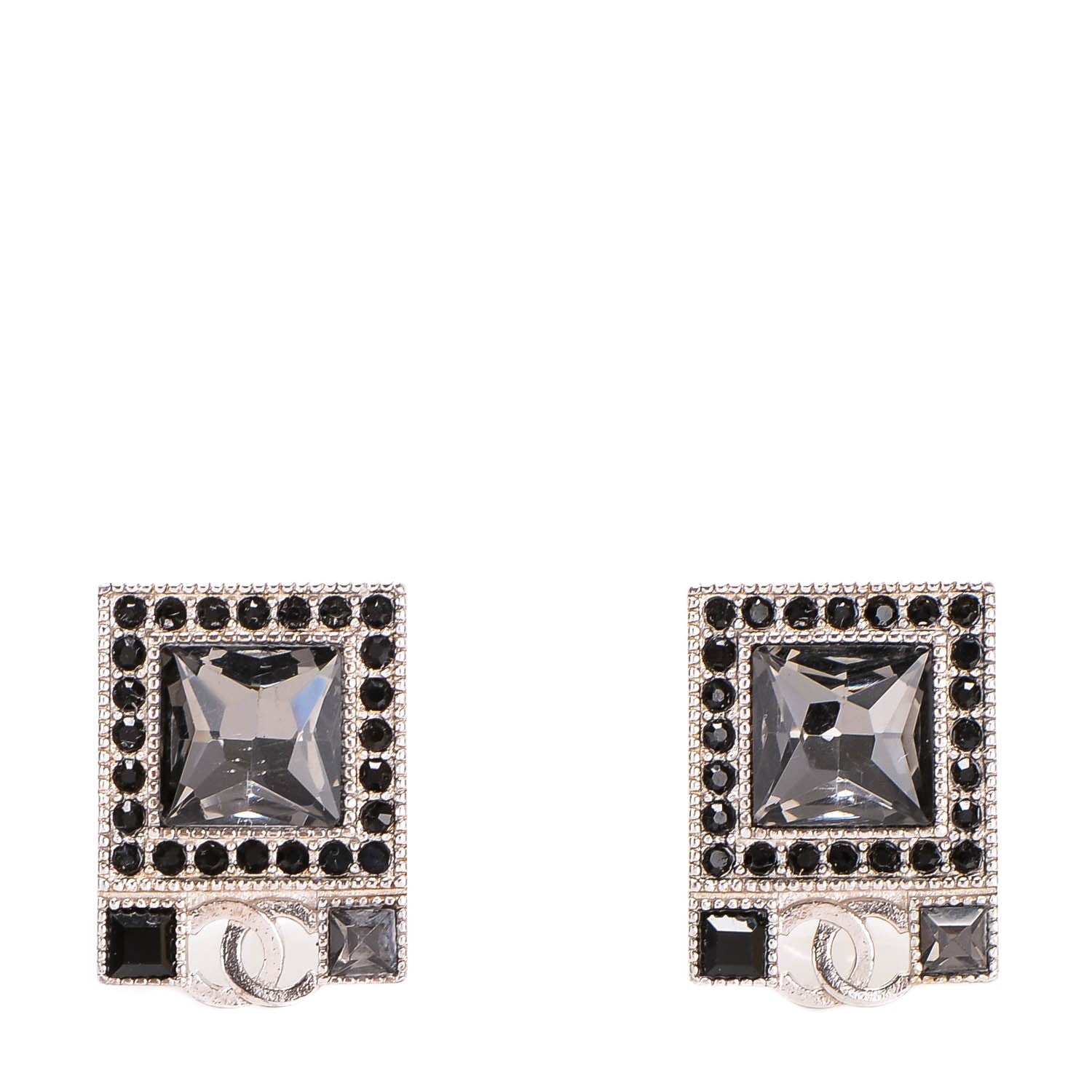 Chanel Crystal CC Square Earrings Black Silver 1 of 5