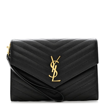 Saint Laurent Grain De Poudre Matelasse Chevron Monogram Envelope Clutch Black 1 of 9