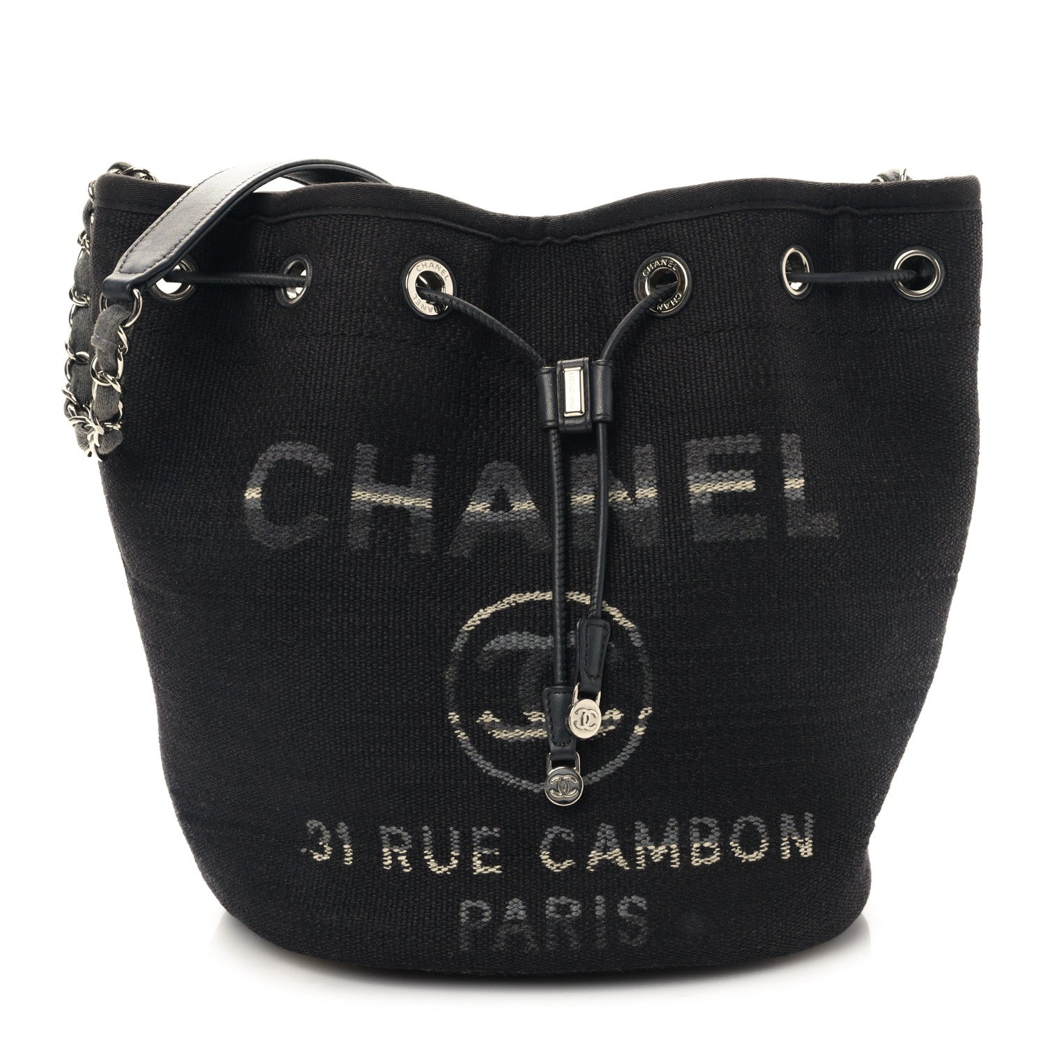 Chanel Striped Canvas Deauville Drawstring Bag Gray Black 1 of 9