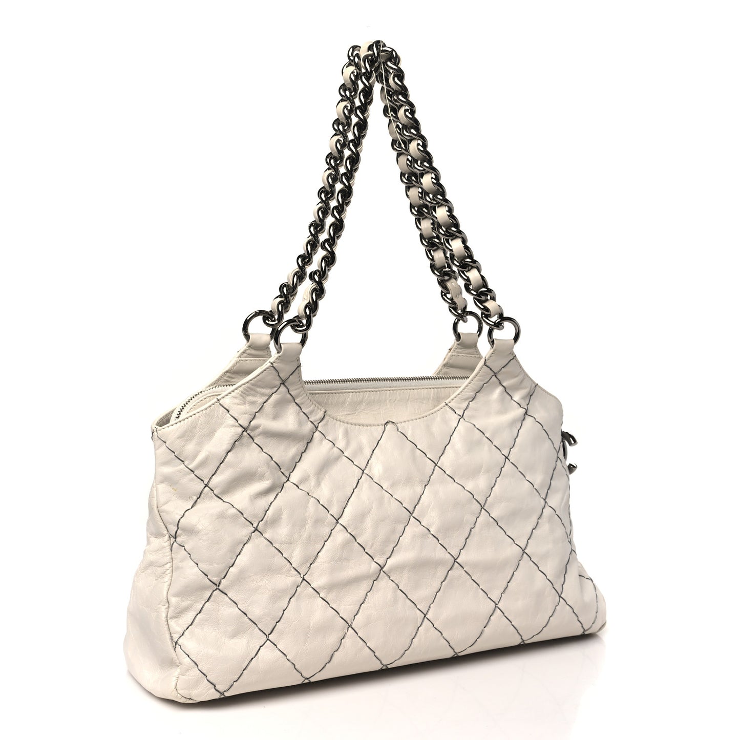 Aged Calfskin Double Contrast Stitch Hobo Bag Ivory