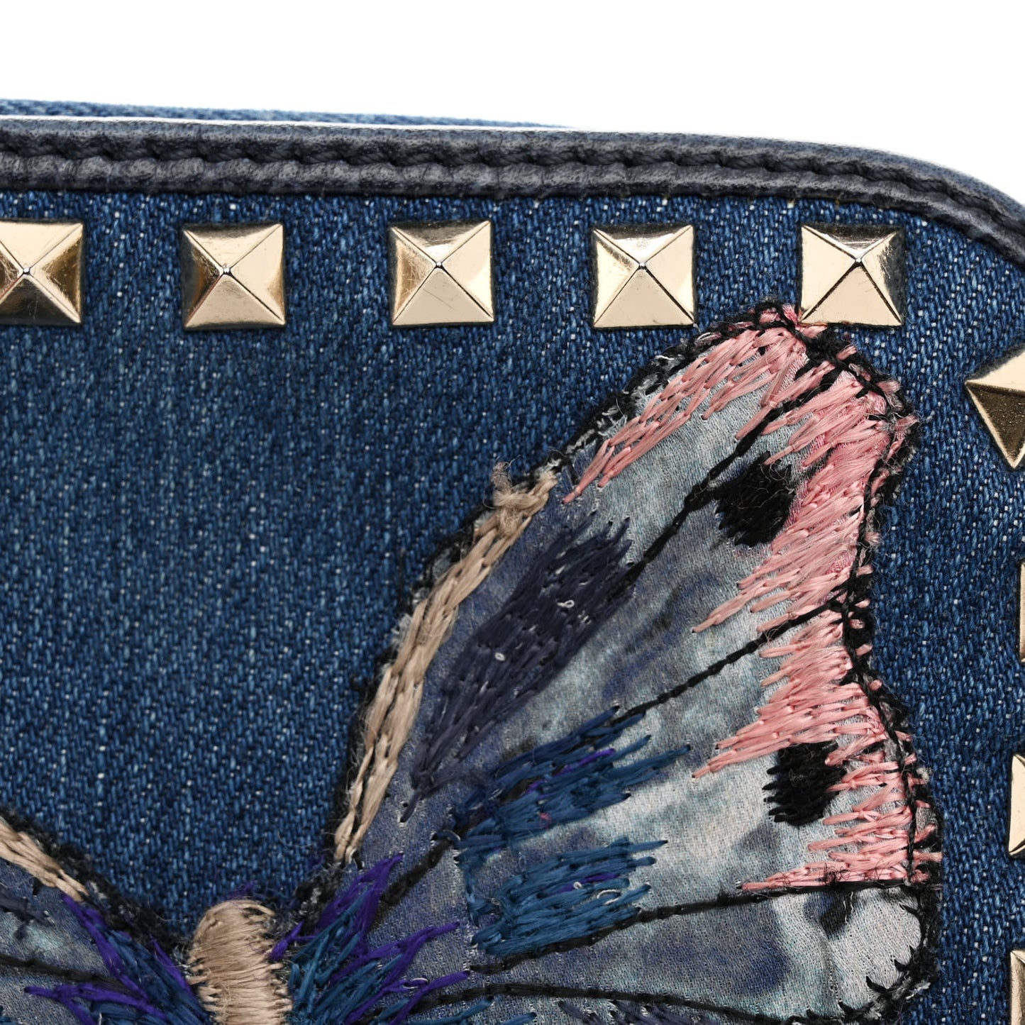 Denim Butterfly Embroidered Rockstud Camera Crossbody Bag Light Denim Multicolor