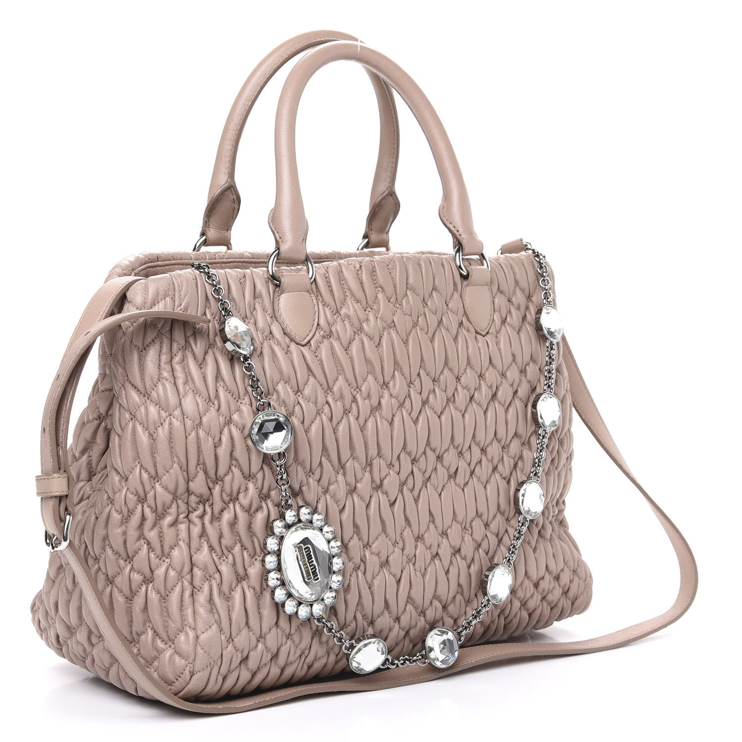 Miu Miu Nappa Matelasse Swarovski Crystal Tote Cammeo 2 of 8