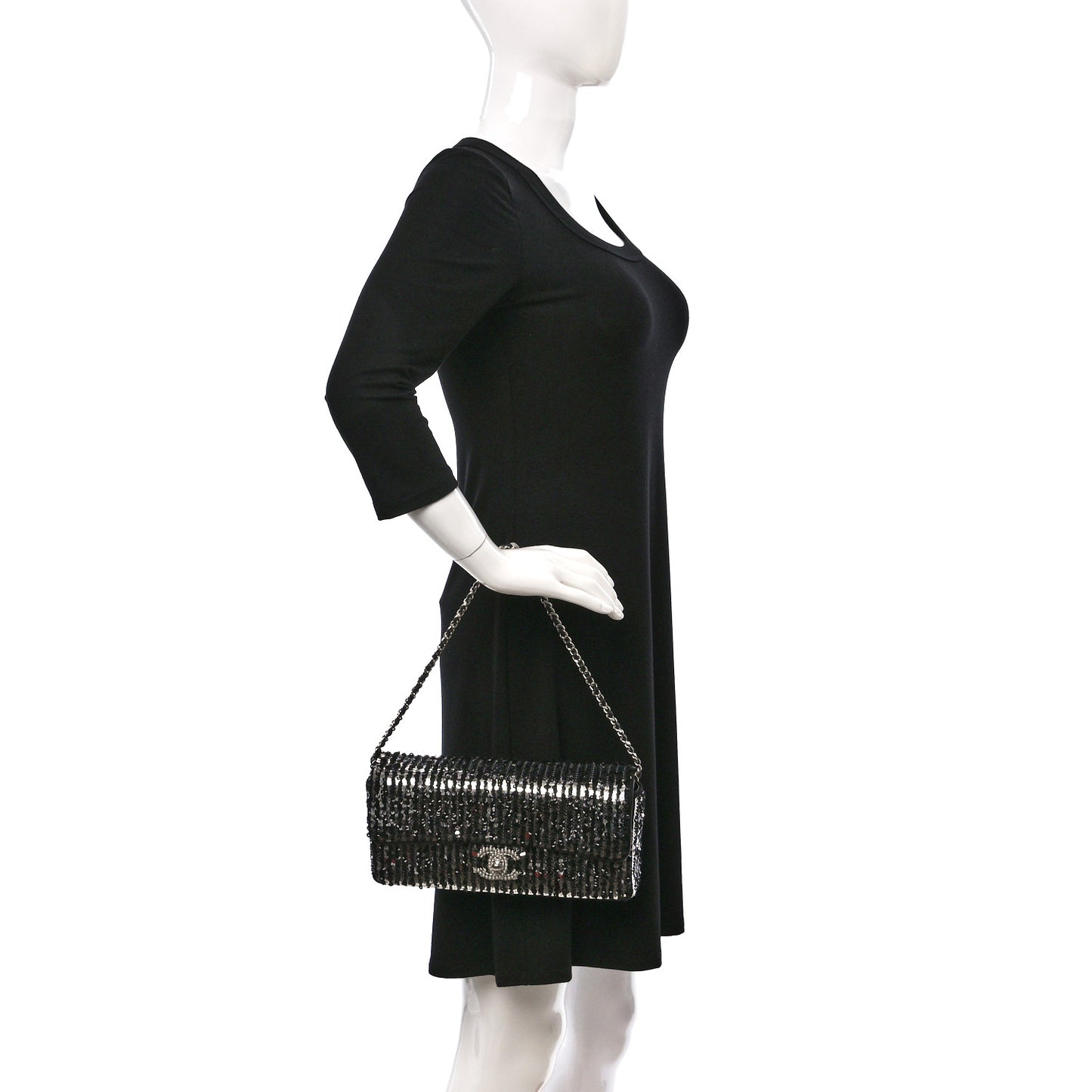 Sequin Quilted Pearl CC Flap Clutch Black