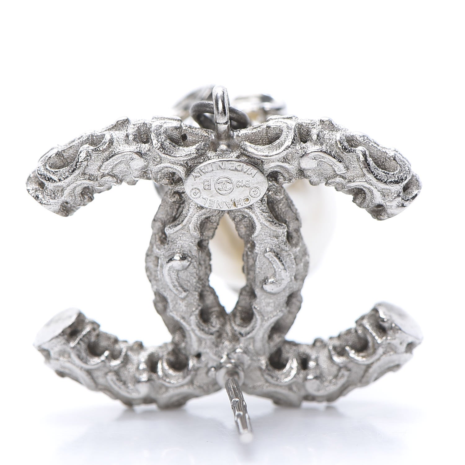 Chanel Pearl Textured CC Drop Earrings Silver 4 of 5