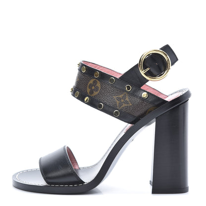 Louis Vuitton Calfskin Monogram Passenger Heeled Sandals 37.5 Black Rose 1 of 8