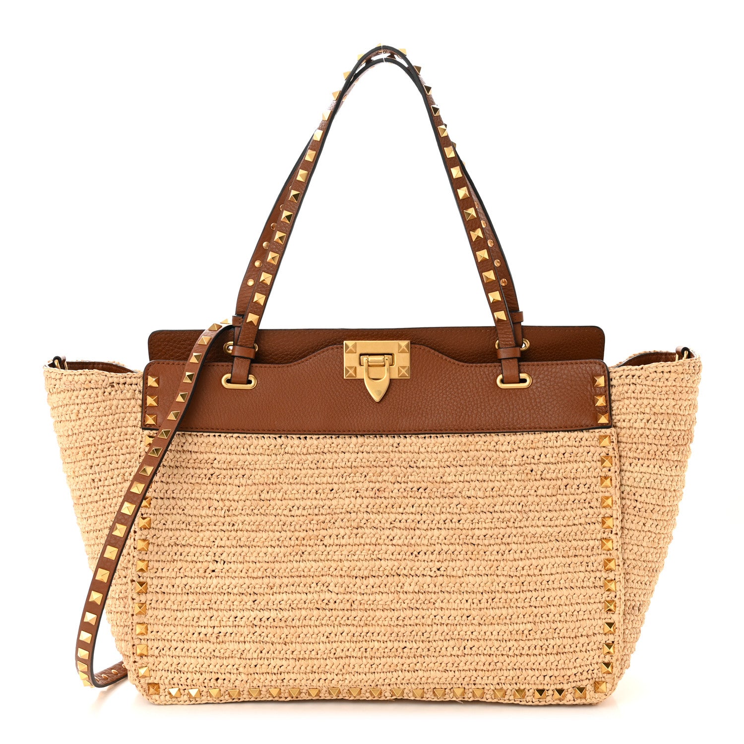 Valentino Garavani Raffia Calfskin Rockstud Tote Naturale Saddle Brown 1 of 9