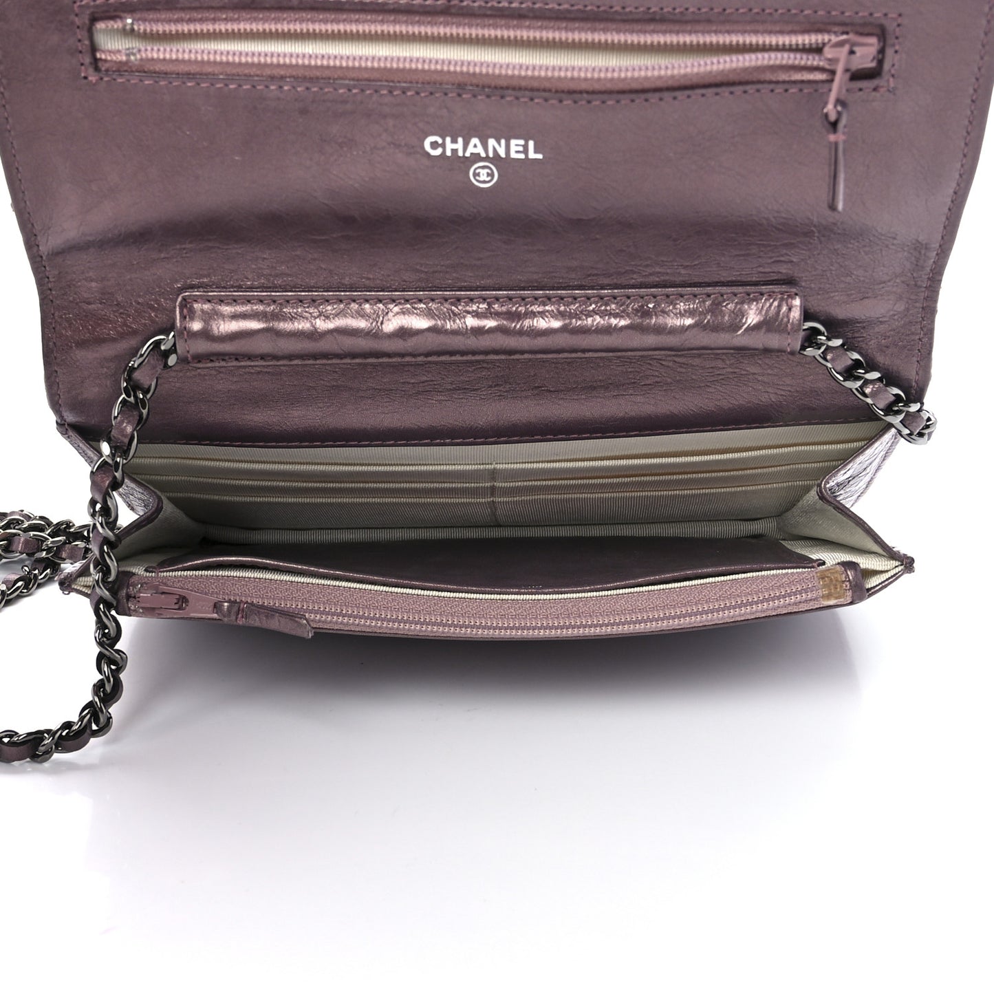 Metallic Aged Calfskin Quilted 2.55 Reissue Wallet on Chain WOC Purple