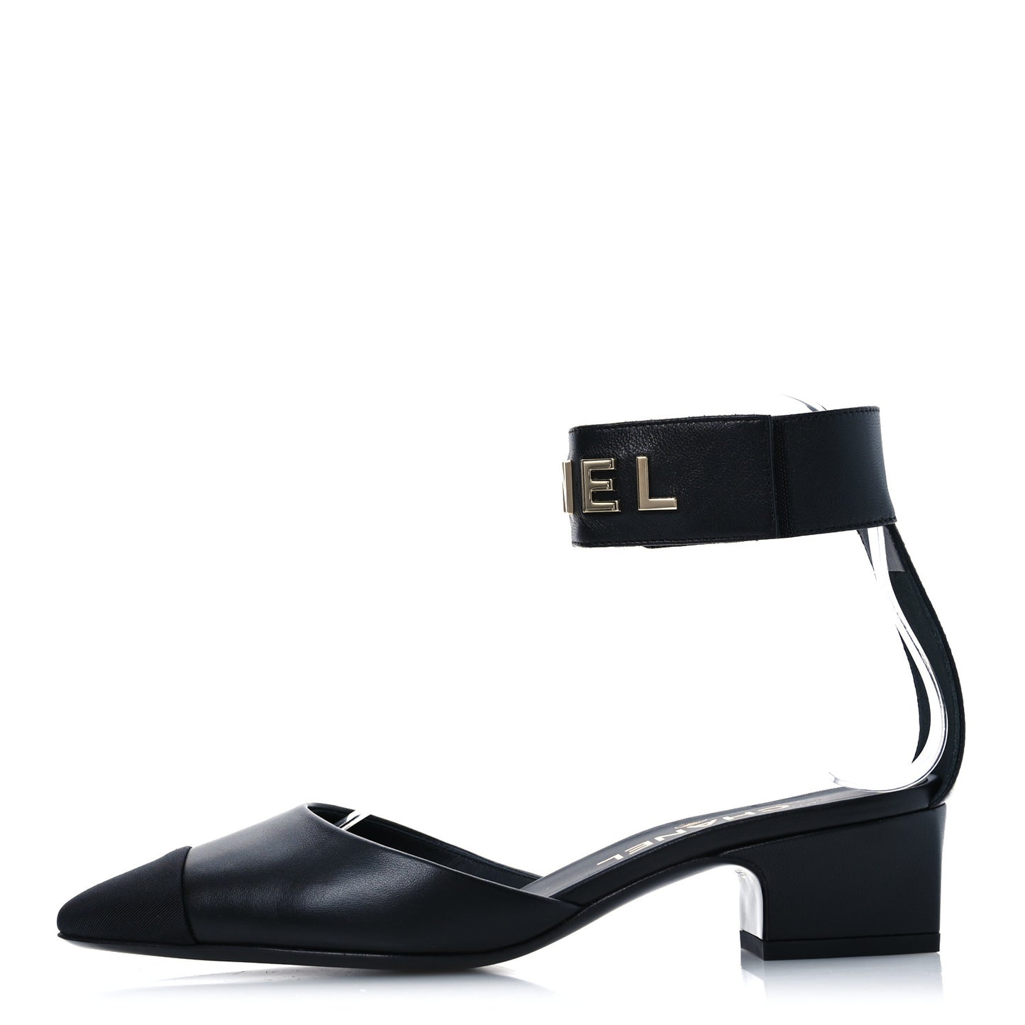 Lambskin Grosgrain Cap Toe Logo Ankle Strap Pumps 36.5 Black