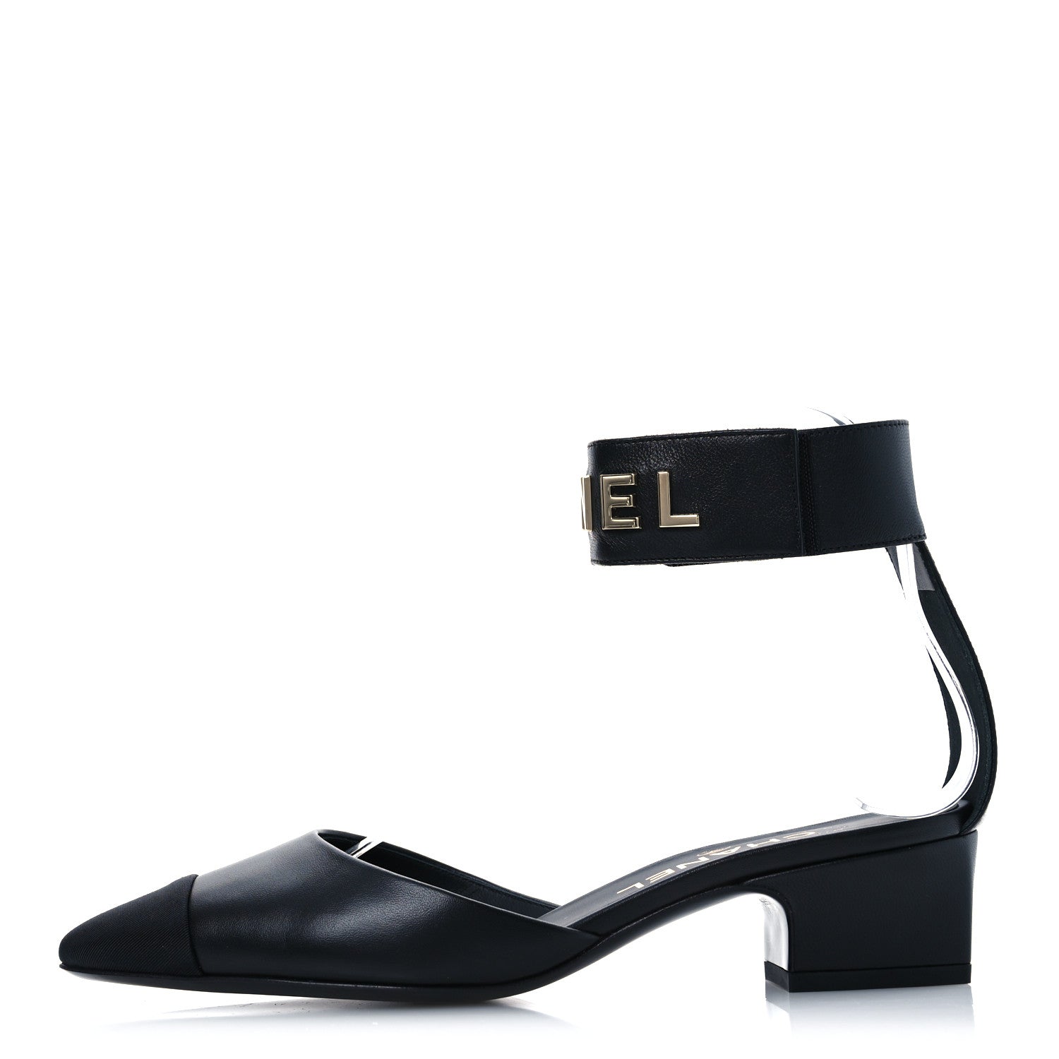 Chanel Lambskin Grosgrain Cap Toe Logo Ankle Strap Pumps 36.5 Black 1 of 12