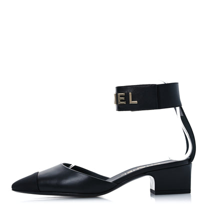 Chanel Lambskin Grosgrain Cap Toe Logo Ankle Strap Pumps 36.5 Black 1 of 12