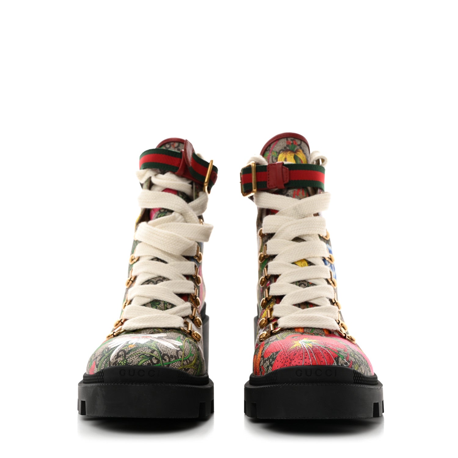 Gucci GG Supreme Monogram Flora Lace Up Combat Ankle Boots 38 Beige Multicolor Red 2 of 11