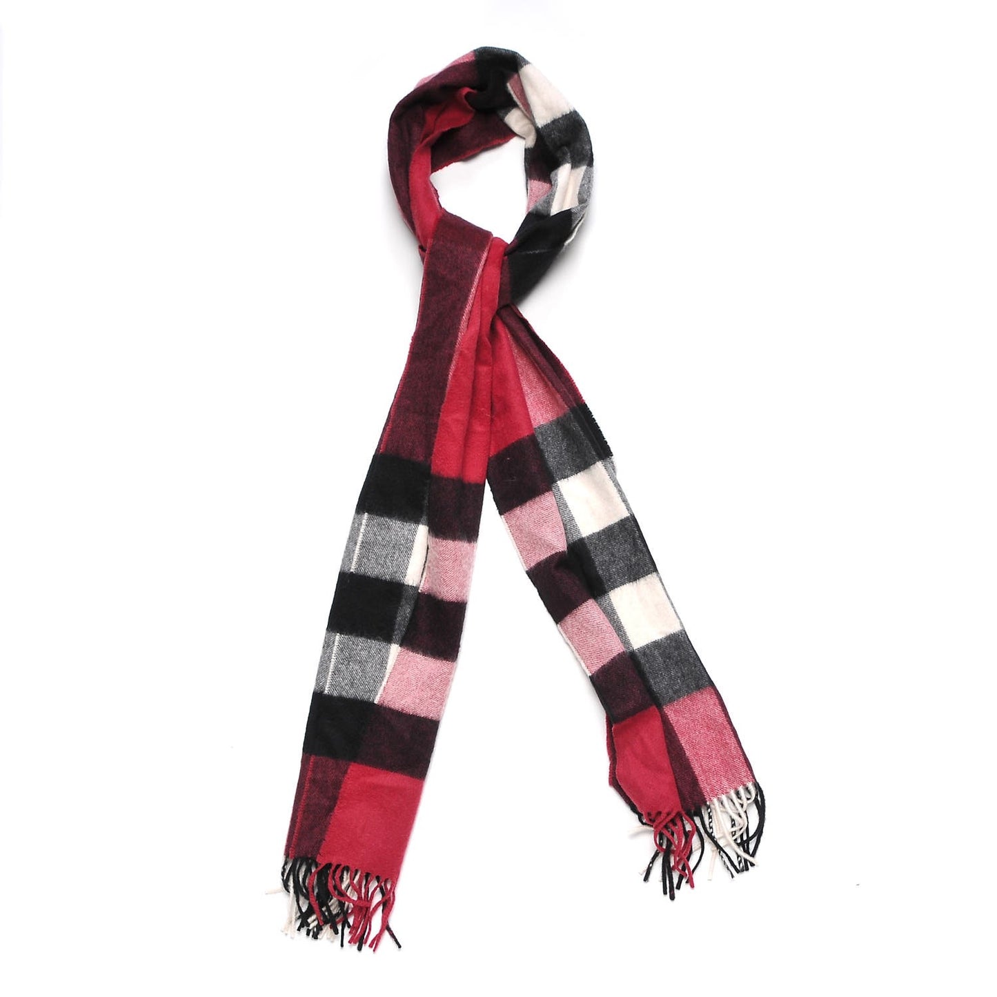 Cashmere Giant Check Fringe Scarf Plum