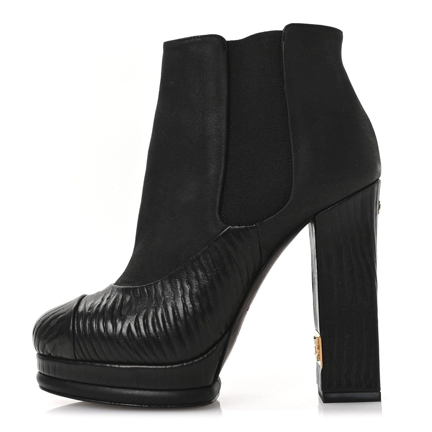 Chanel Wax Suede Wood Effect Calfskin Platform Ankle Boots 37.5 Black 1 of 9