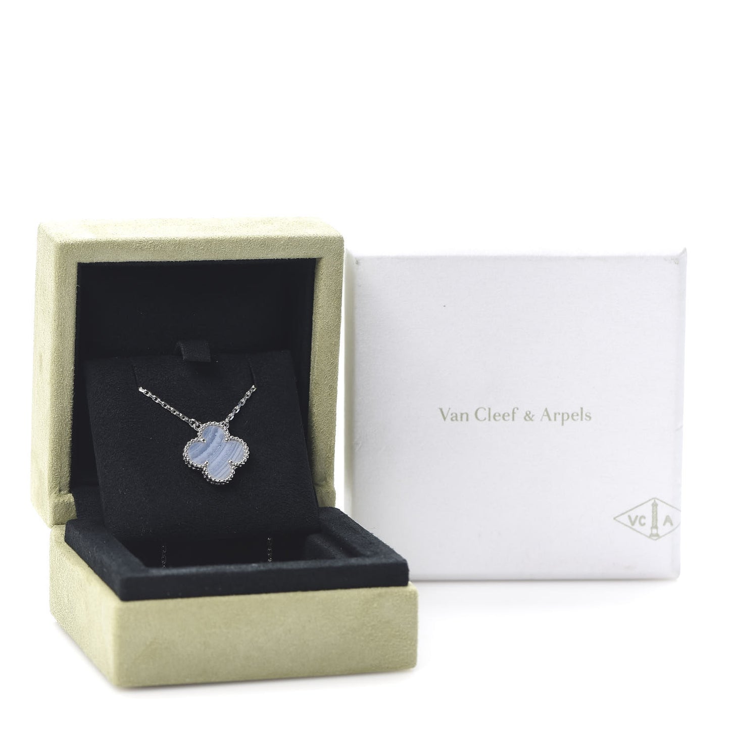 18K White Gold Chalcedony Vintage Alhambra Pendant Necklace