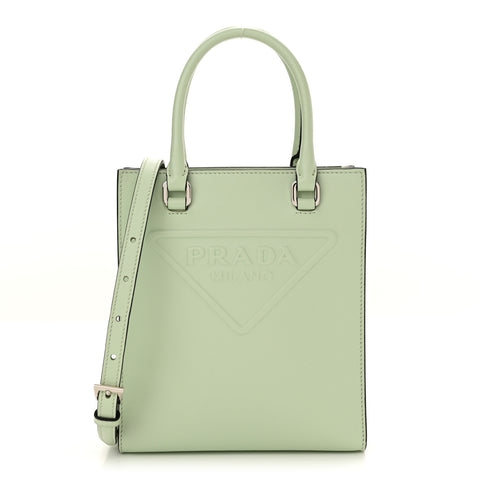 Soft Calfskin Triangle Logo Embossed Small Double Handle Crossbody Tote Acquamarina