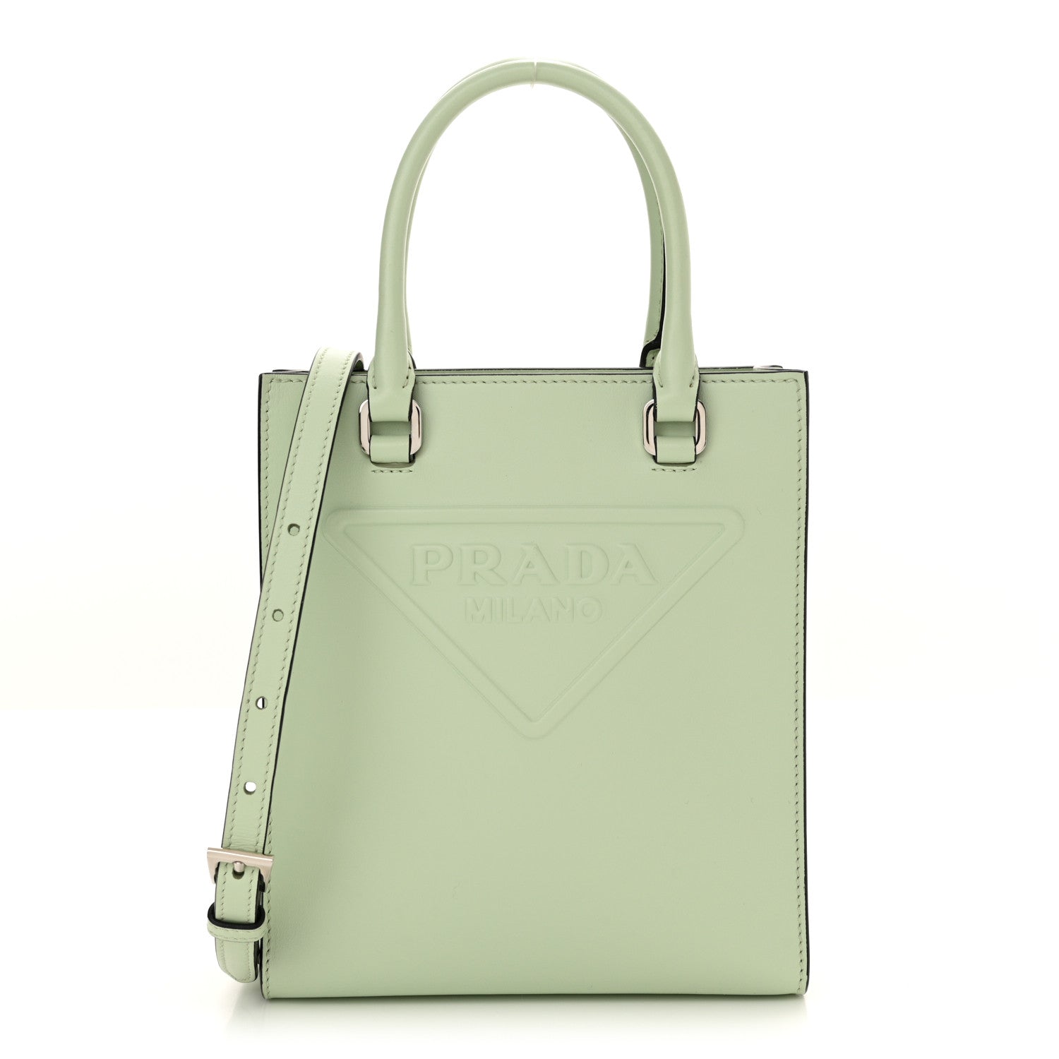Prada Soft Calfskin Triangle Logo Embossed Small Double Handle Crossbody Tote Acquamarina 1 of 9