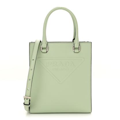 Prada Soft Calfskin Triangle Logo Embossed Small Double Handle Crossbody Tote Acquamarina 1 of 9