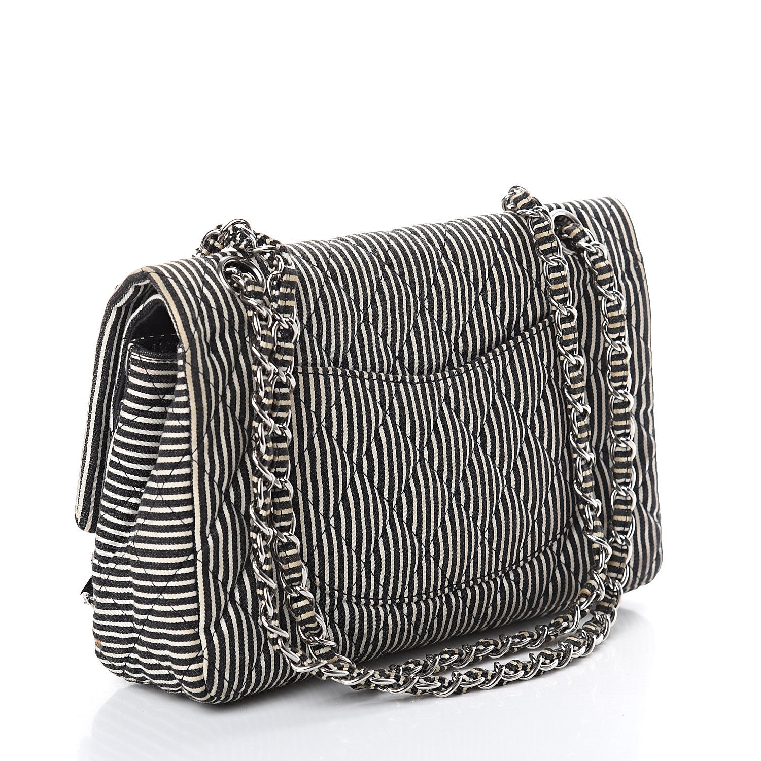 Chanel Canvas Sequin Stripe Medium Double Flap Black White 2 of 8