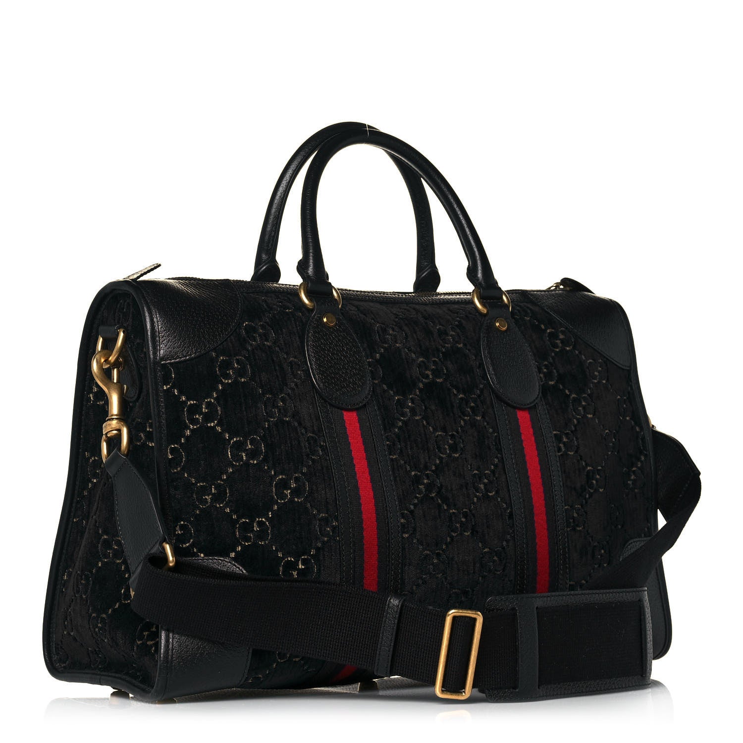 Gucci Velvet GG Monogram Textured Calfskin Web Medium Duffle Bag Blue Beige Black 3 of 14