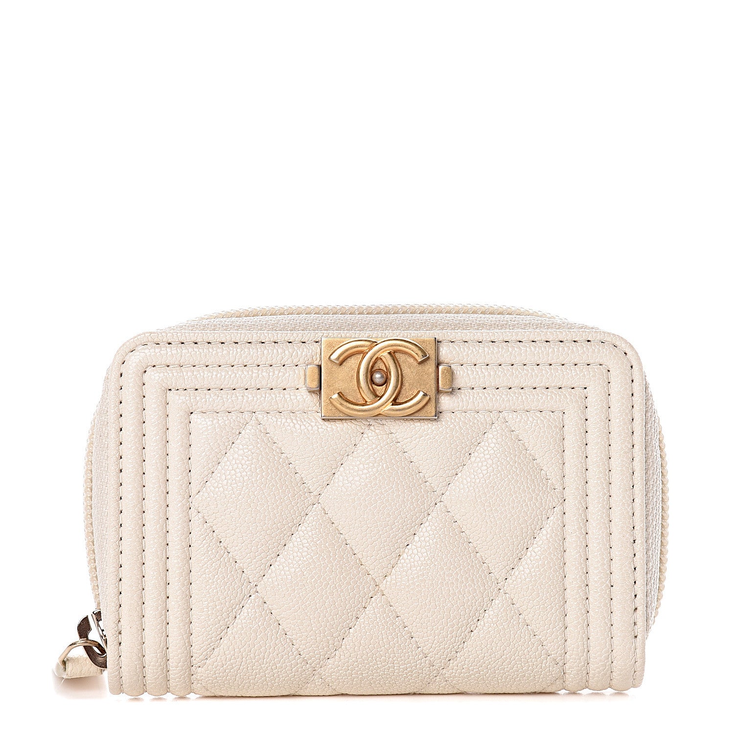 Chanel Caviar Quilted Boy Zip Around Coin Purse Wallet Ivory 1 of 8