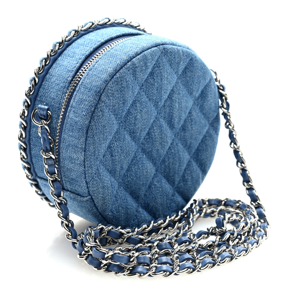 Denim Quilted Round Clutch With Chain Blue
