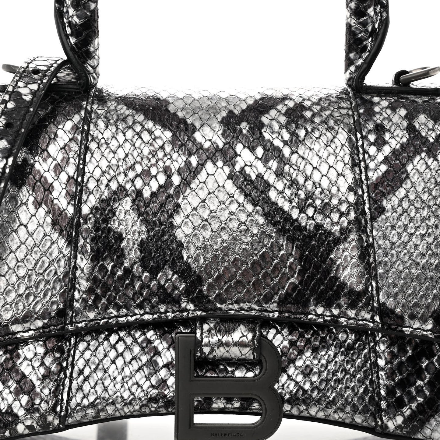Shiny Calfskin Snakeskin Embossed Hourglass Top Handle Bag XS Silver Black