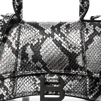 Balenciaga Shiny Calfskin Snakeskin Embossed Hourglass Top Handle Bag XS Silver Black 7 of 9