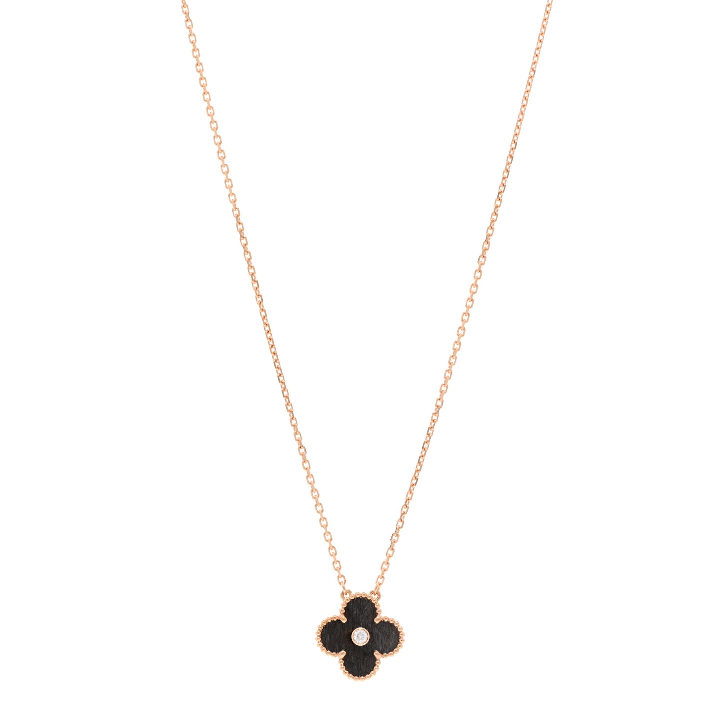 18K Rose Gold Diamond Silver Obsidian Vintage Alhambra Pendant Necklace