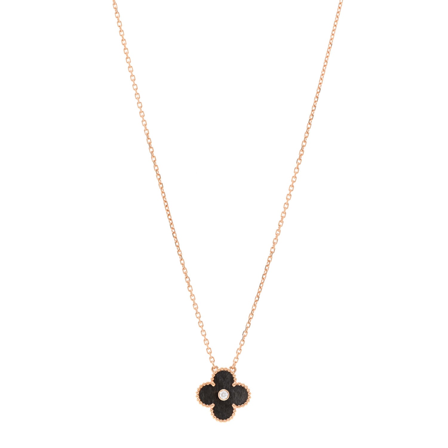 Van Cleef & Arpels 18K Rose Gold Diamond Silver Obsidian Vintage Alhambra Pendant Necklace 1 of 6