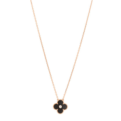 Van Cleef & Arpels 18K Rose Gold Diamond Silver Obsidian Vintage Alhambra Pendant Necklace 1 of 6