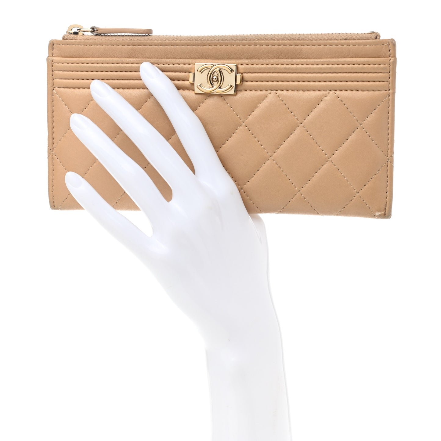 Lambskin Quilted Classic Zip Boy Pouch Beige
