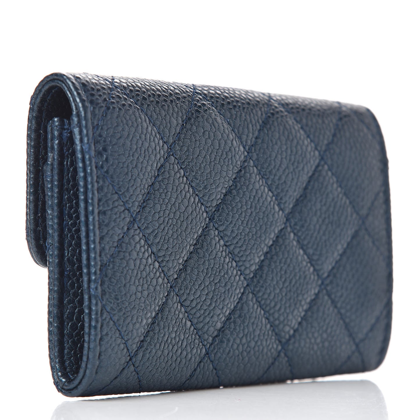 Iridescent Caviar Quilted Flap Card Holder Dark Blue