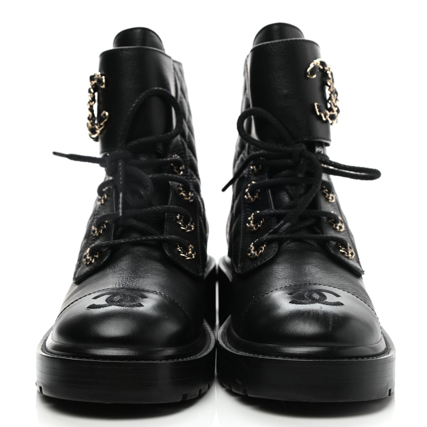 Shiny Lambskin Quilted Lace Up Combat Boots 37.5 Black