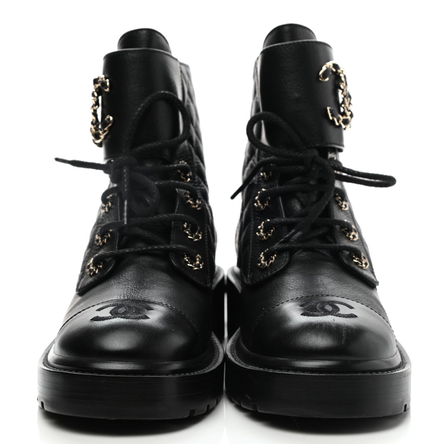 Chanel Shiny Lambskin Quilted Lace Up Combat Boots 37.5 Black 2 of 9