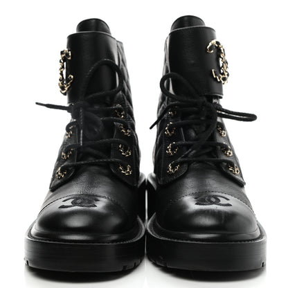 Chanel Shiny Lambskin Quilted Lace Up Combat Boots 37.5 Black 2 of 9