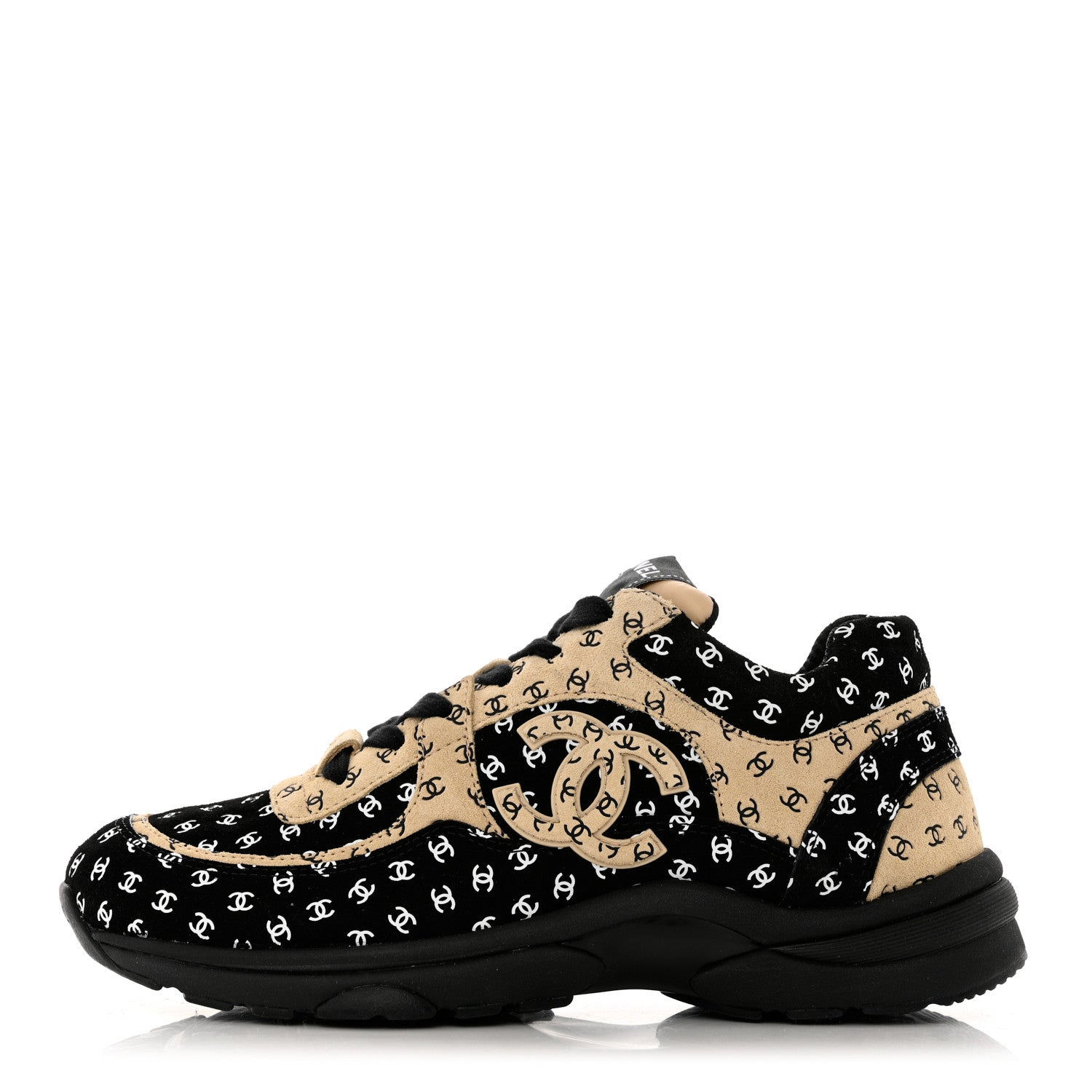 Chanel Nylon Suede Calfskin Printed CC Sneakers 37.5 Black Beige 2 of 9