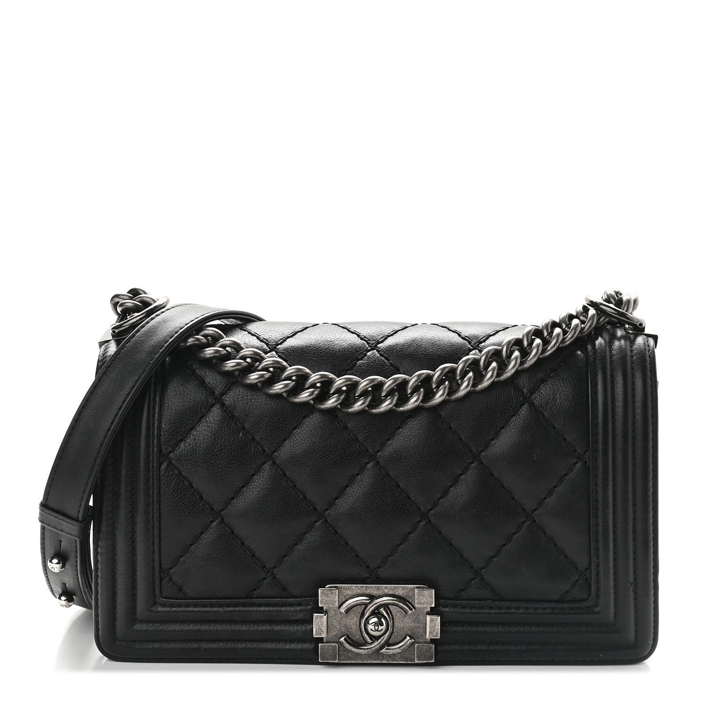 Calfskin Double Stitch Medium Boy Flap Black