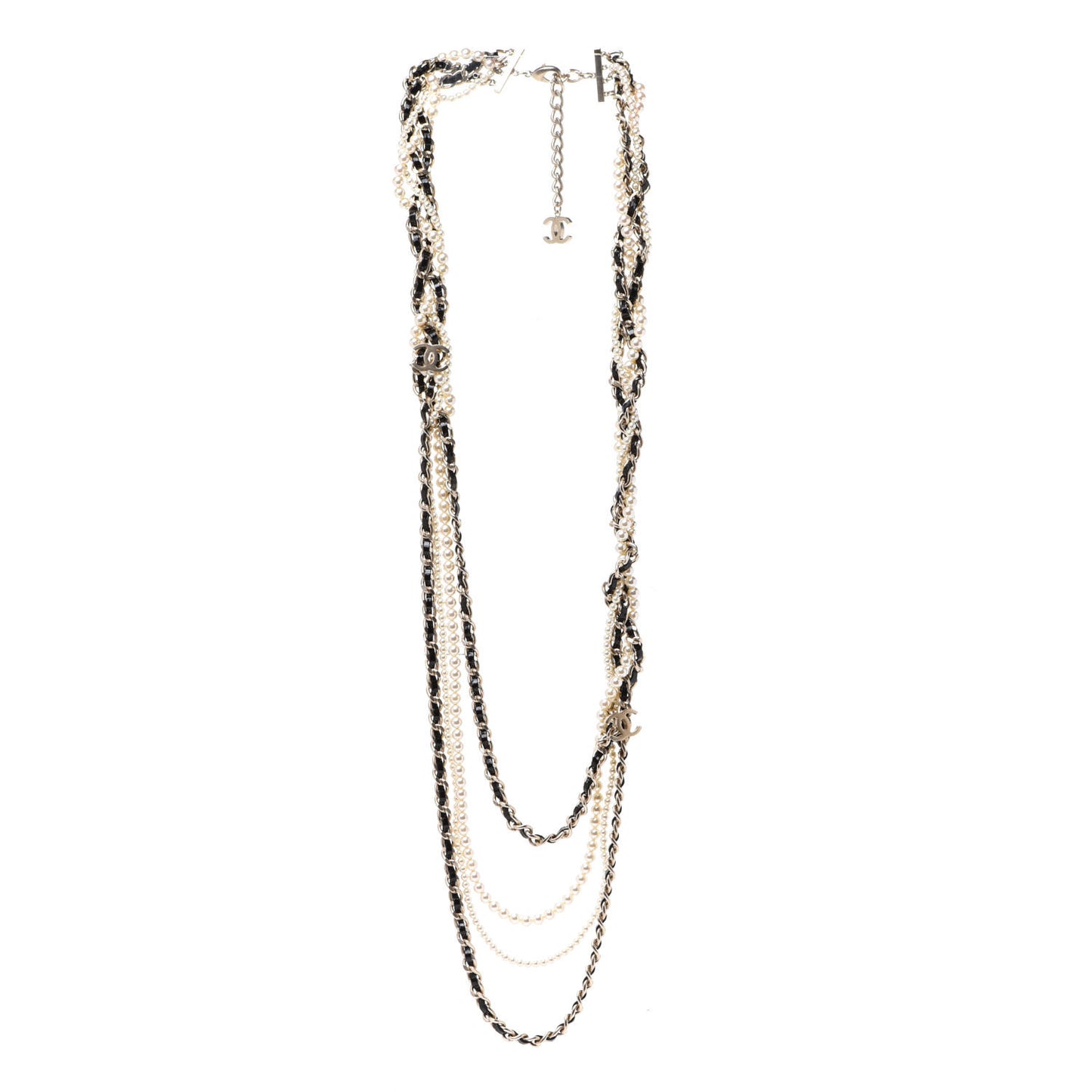 Glazed Calfskin Pearl CC Chain Necklace Black Gold